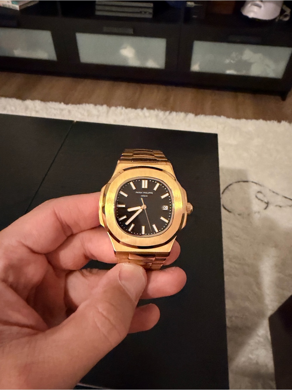 Gold Tone Bracelet Watch with Black Dial